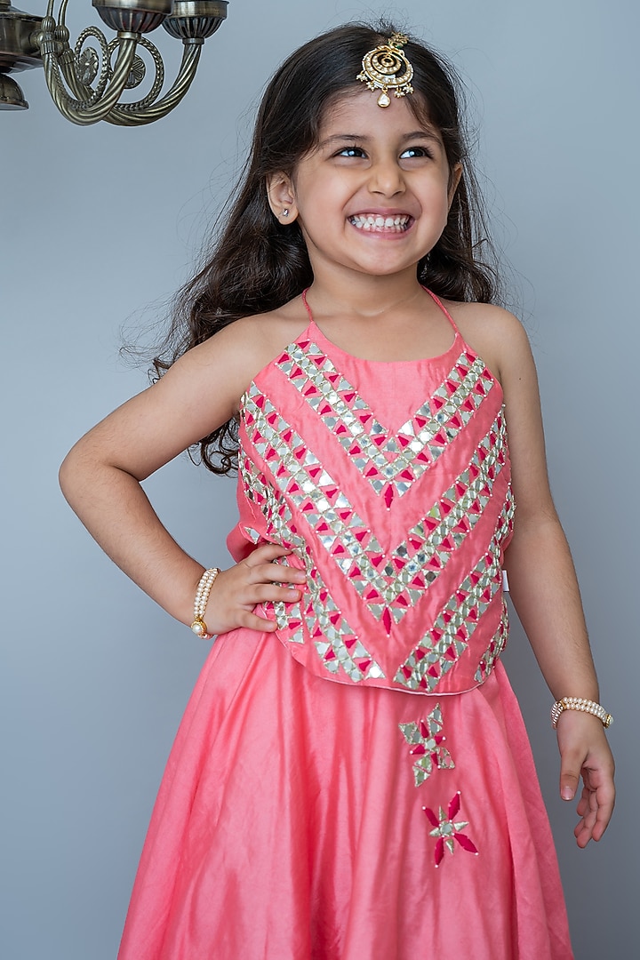 Coral Handwoven Chanderi Mirror Hand Embroidered Halter Lehenga Set For Girls by Mi Dulce An'ya at Pernia's Pop Up Shop