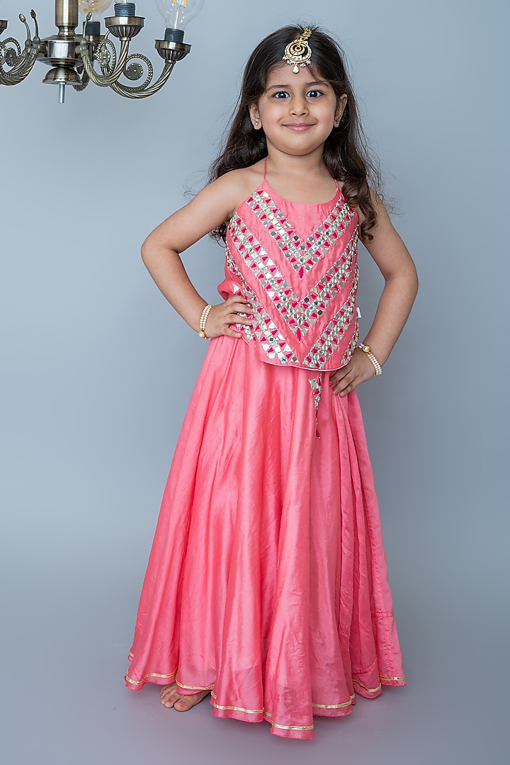 Coral Handwoven Chanderi Mirror Hand Embroidered Halter Lehenga Set For Girls by Mi Dulce An'ya at Pernia's Pop Up Shop