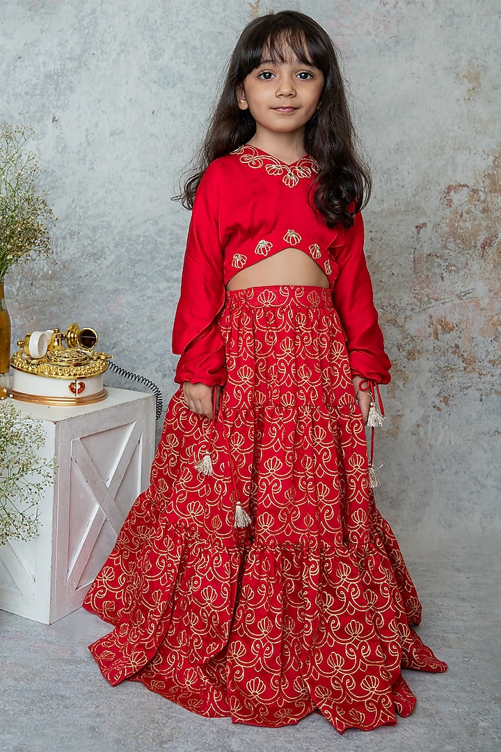 Ruby Red Handwoven Chanderi Hand Printed Tiered Lehenga Set For Girls by Mi Dulce An'ya at Pernia's Pop Up Shop