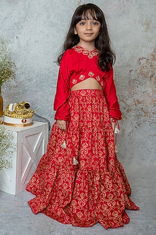 Ruby Red Handwoven Chanderi Hand Printed Tiered Lehenga Set For Girls by Mi Dulce An'ya