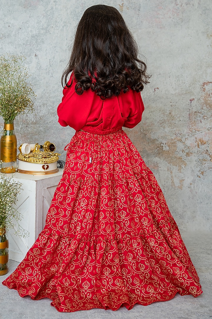 Ruby Red Handwoven Chanderi Hand Printed Tiered Lehenga Set For Girls by Mi Dulce An'ya at Pernia's Pop Up Shop
