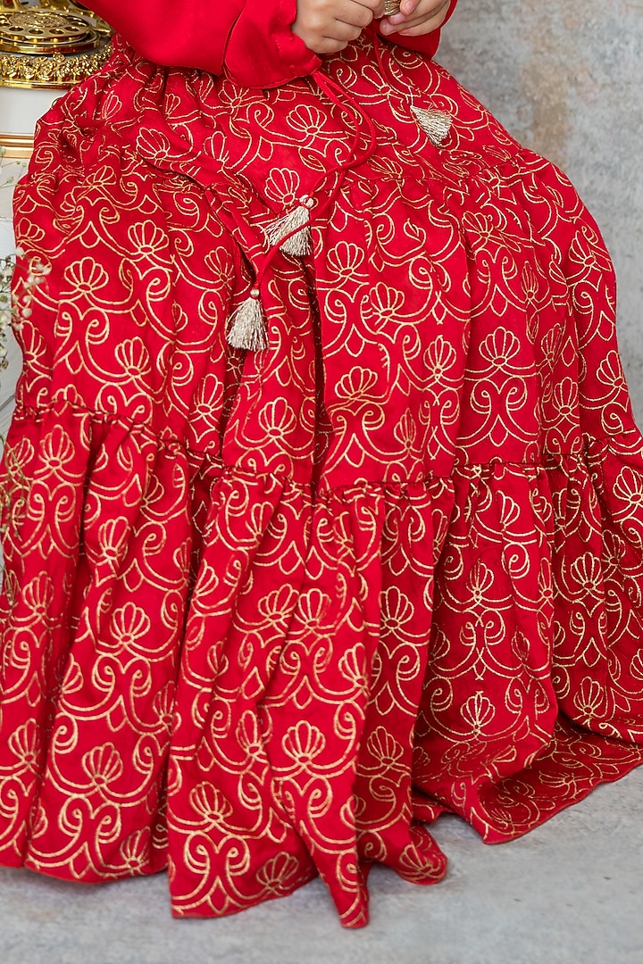 Ruby Red Handwoven Chanderi Hand Printed Tiered Lehenga Set For Girls by Mi Dulce An'ya at Pernia's Pop Up Shop