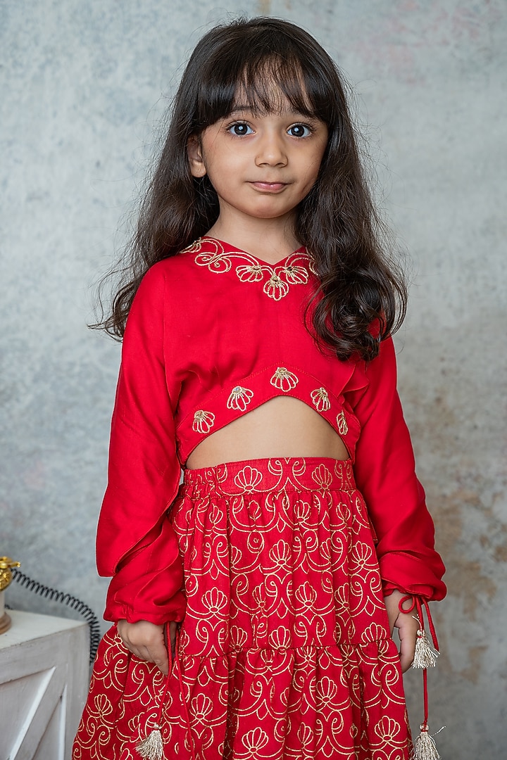 Ruby Red Handwoven Chanderi Hand Printed Tiered Lehenga Set For Girls by Mi Dulce An'ya at Pernia's Pop Up Shop