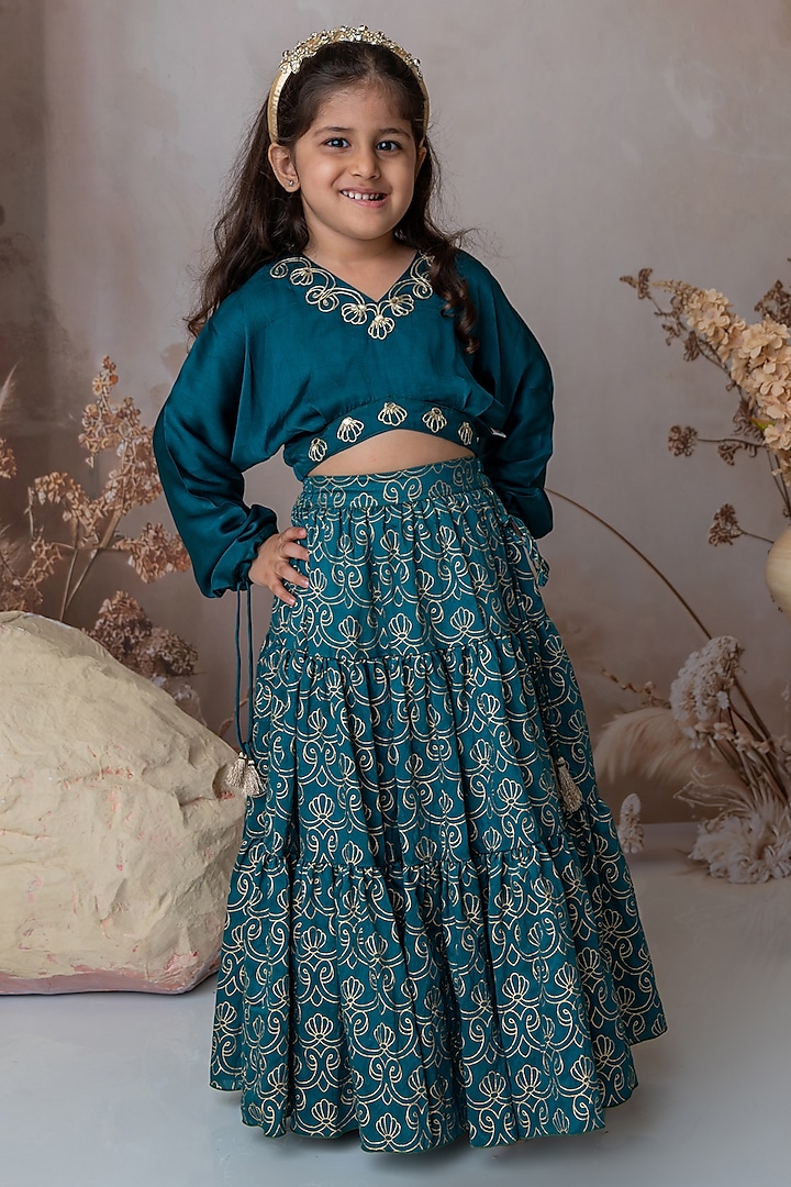 Teal Handwoven Chanderi Hand Printed Tiered Lehenga Set For Girls by Mi Dulce An'ya