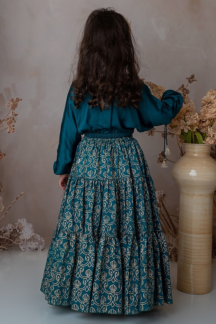 Teal Handwoven Chanderi Hand Printed Tiered Lehenga Set For Girls by Mi Dulce An'ya at Pernia's Pop Up Shop
