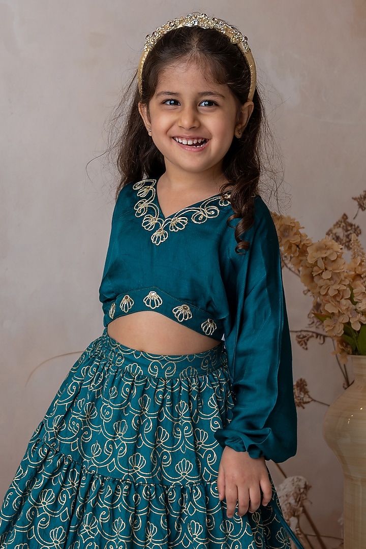 Teal Handwoven Chanderi Hand Printed Tiered Lehenga Set For Girls by Mi Dulce An'ya at Pernia's Pop Up Shop