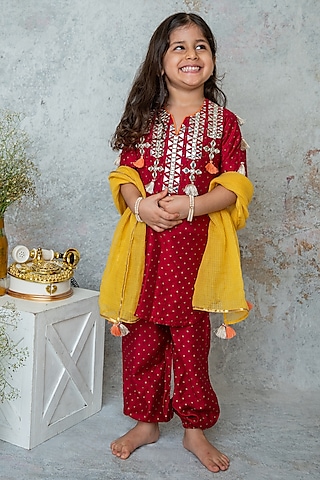 Ruby Red Handwoven Chanderi Mirror Hand Embroidered Kurta Set For Girls by Mi Dulce An'ya