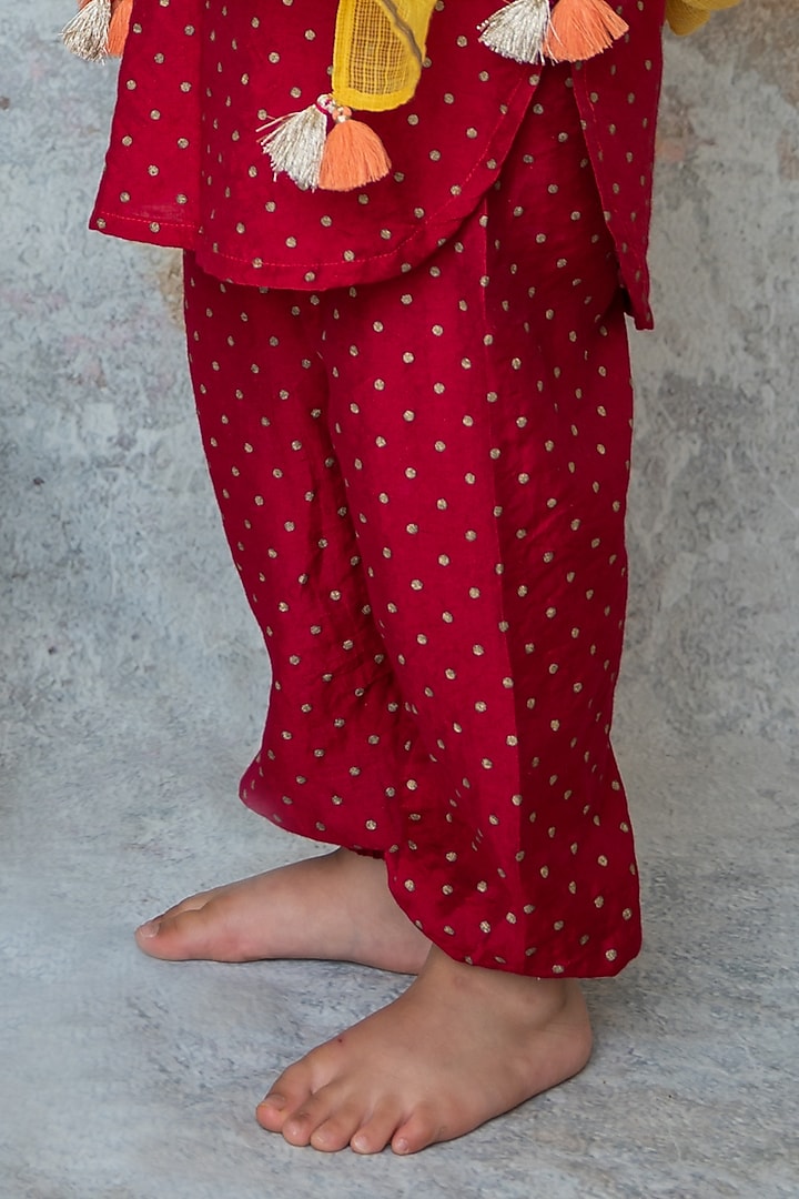 Ruby Red Handwoven Chanderi Mirror Hand Embroidered Kurta Set For Girls by Mi Dulce An'ya at Pernia's Pop Up Shop