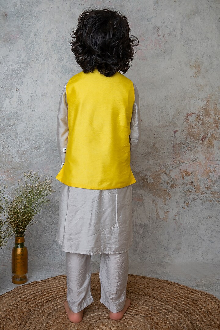 Yellow Handwoven Chanderi Mirror Embroidered Nehru Jacket Set For Boys by Mi Dulce An'ya at Pernia's Pop Up Shop