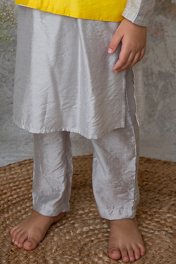 Yellow Handwoven Chanderi Mirror Embroidered Nehru Jacket Set For Boys by Mi Dulce An'ya at Pernia's Pop Up Shop