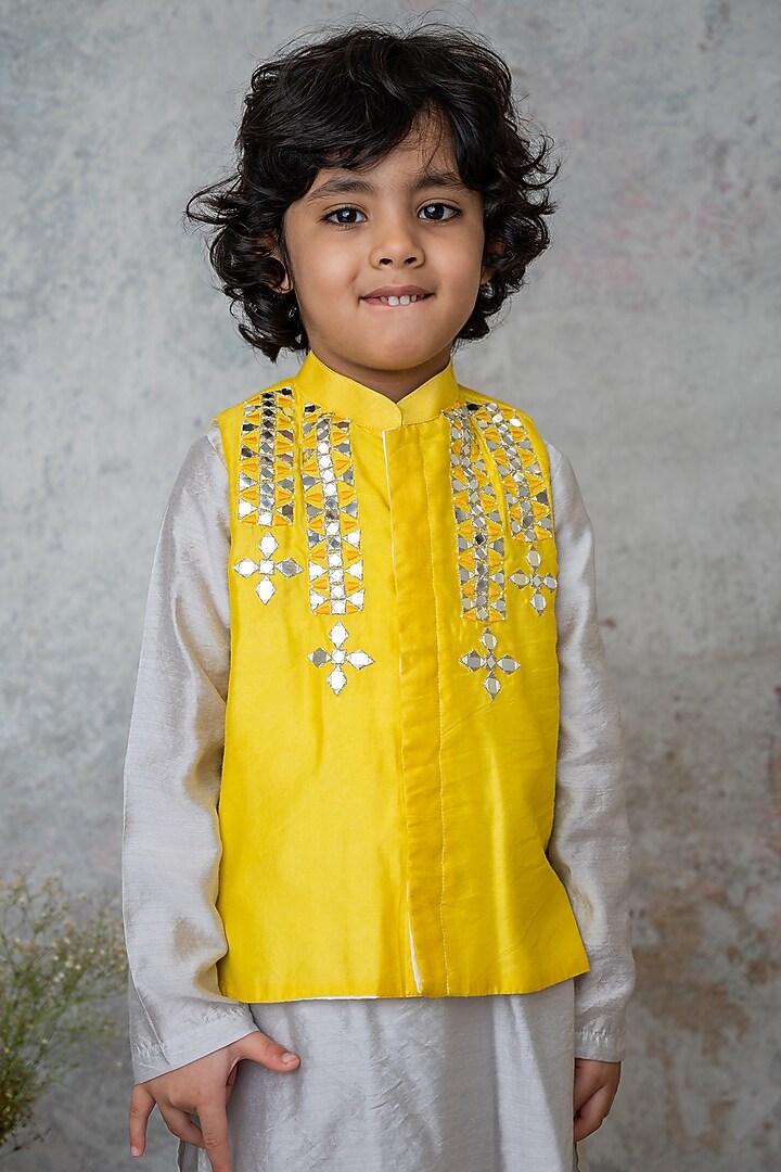 Yellow Handwoven Chanderi Mirror Embroidered Nehru Jacket Set For Boys by Mi Dulce An'ya at Pernia's Pop Up Shop
