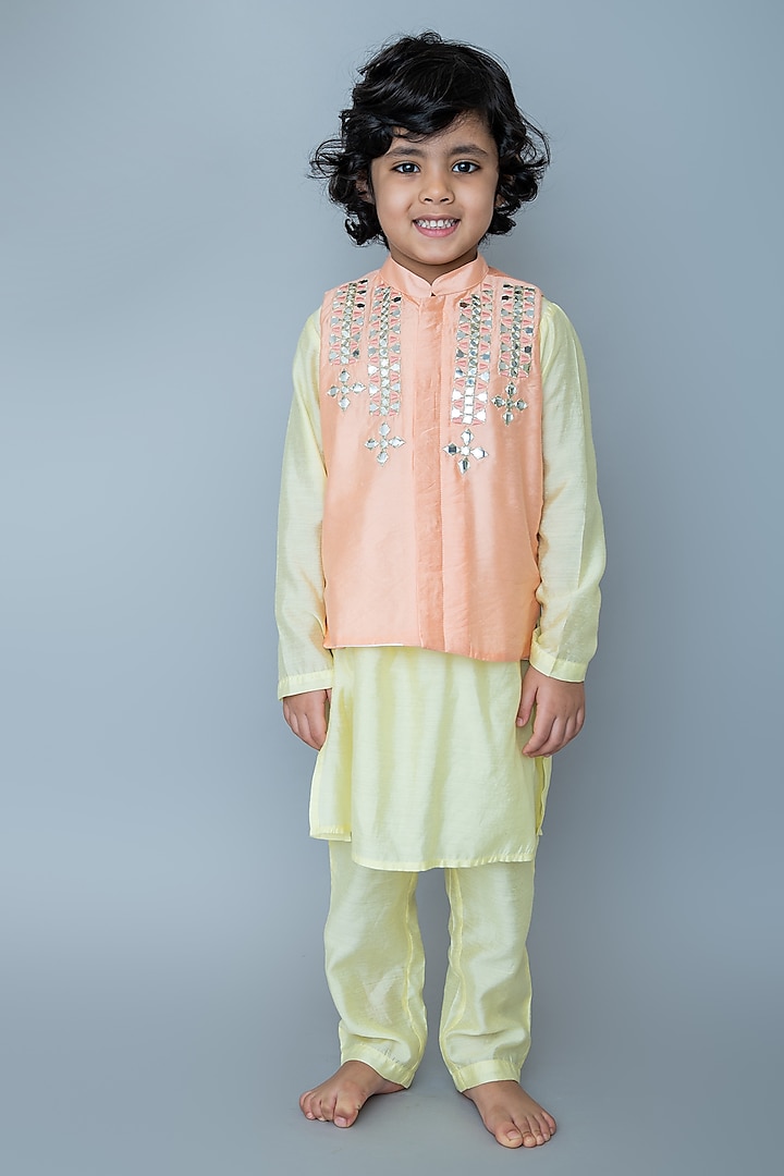 Peach Handwoven Chanderi Mirror Embroidered Nehru Jacket Set For Boys by Mi Dulce An'ya