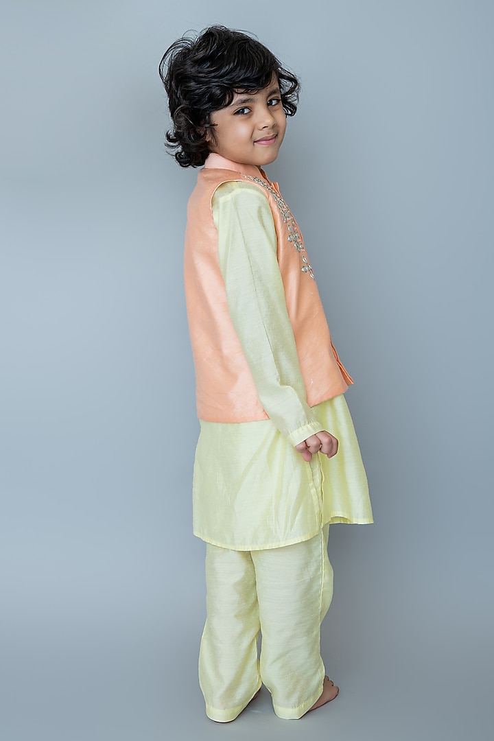 Peach Handwoven Chanderi Mirror Embroidered Nehru Jacket Set For Boys by Mi Dulce An'ya at Pernia's Pop Up Shop