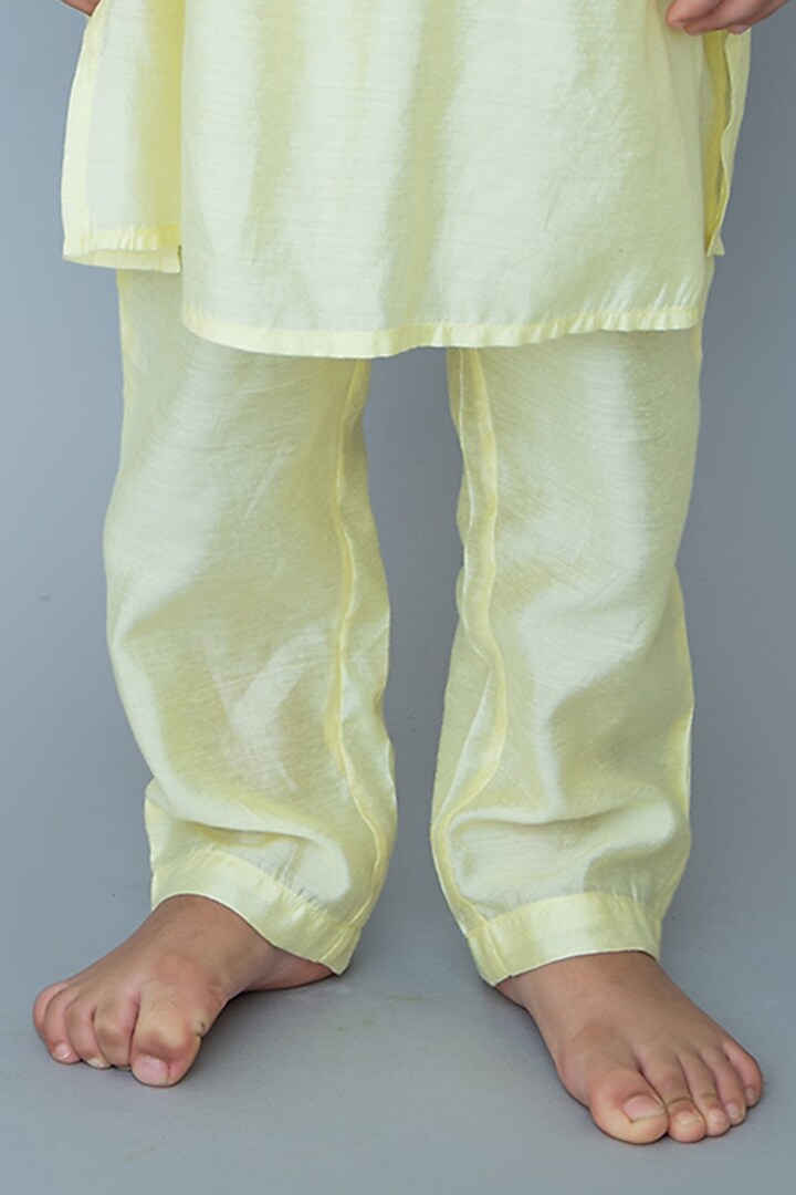 Peach Handwoven Chanderi Mirror Embroidered Nehru Jacket Set For Boys by Mi Dulce An'ya at Pernia's Pop Up Shop