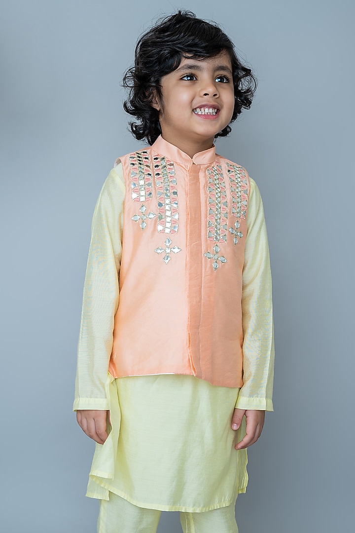 Peach Handwoven Chanderi Mirror Embroidered Nehru Jacket Set For Boys by Mi Dulce An'ya at Pernia's Pop Up Shop