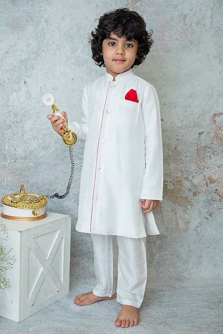 Ivory Silk Hand Embroidered Sherwani Set For Boys by Mi Dulce An'ya