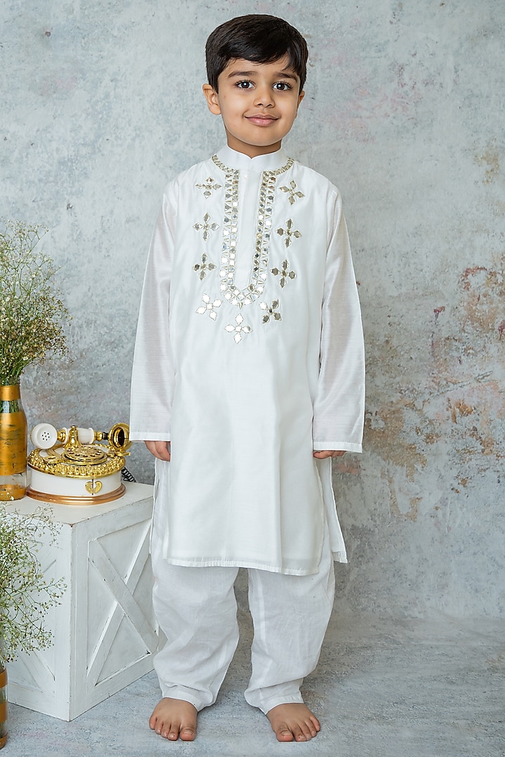 Ivory Organic Cotton & Handwoven Chanderi Mirror Embroidered Kurta Set For Boys by Mi Dulce An'ya at Pernia's Pop Up Shop