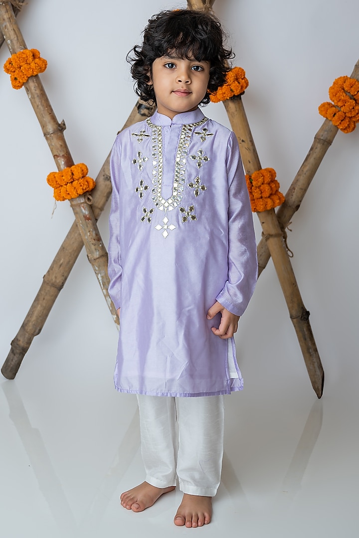 Lilac Organic Cotton & Handwoven Chanderi Mirror Embroidered Kurta Set For Boys by Mi Dulce An'ya at Pernia's Pop Up Shop