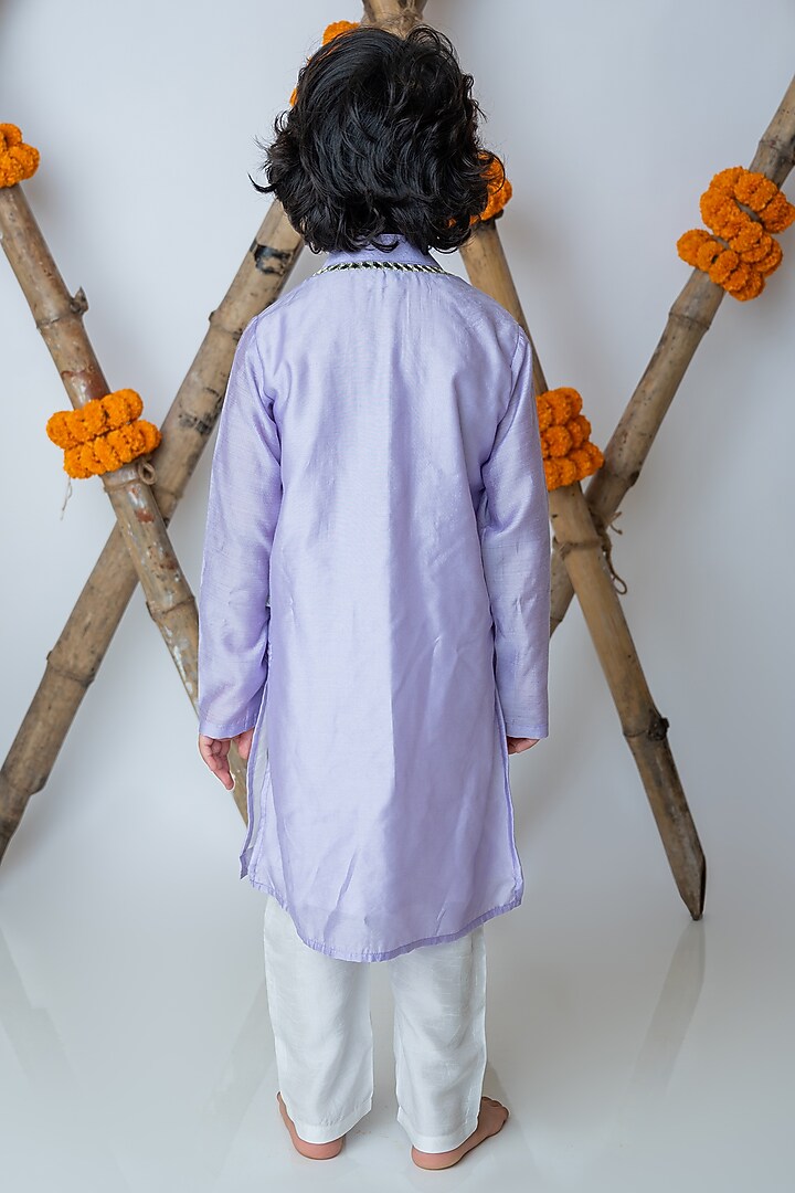 Lilac Organic Cotton & Handwoven Chanderi Mirror Embroidered Kurta Set For Boys by Mi Dulce An'ya at Pernia's Pop Up Shop