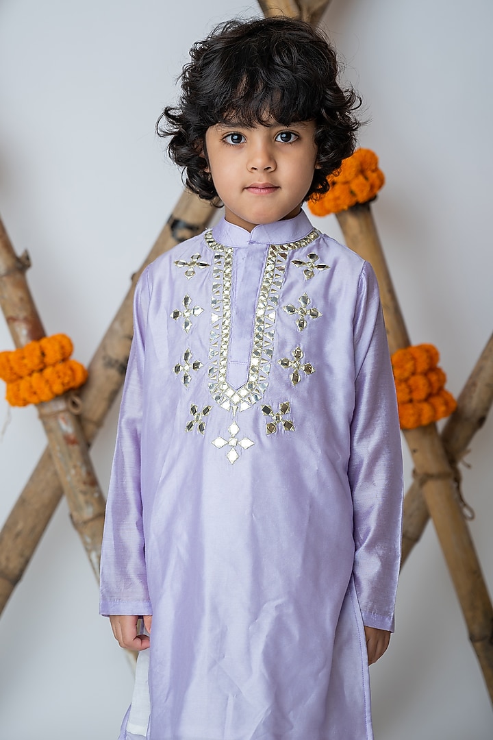 Lilac Organic Cotton & Handwoven Chanderi Mirror Embroidered Kurta Set For Boys by Mi Dulce An'ya at Pernia's Pop Up Shop