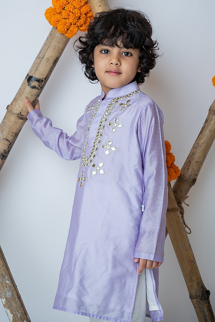 Lilac Organic Cotton & Handwoven Chanderi Mirror Embroidered Kurta Set For Boys by Mi Dulce An'ya at Pernia's Pop Up Shop