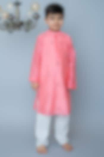 Coral Organic Cotton & Handwoven Chanderi Mirror Embroidered Kurta Set For Boys by Mi Dulce An'ya