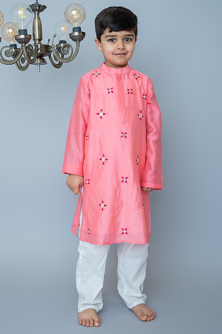 Coral Organic Cotton & Handwoven Chanderi Mirror Embroidered Kurta Set For Boys by Mi Dulce An'ya at Pernia's Pop Up Shop