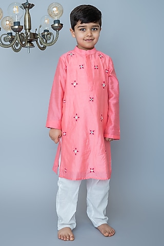Coral Organic Cotton & Handwoven Chanderi Mirror Embroidered Kurta Set For Boys by Mi Dulce An'ya