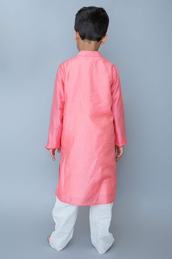 Coral Organic Cotton & Handwoven Chanderi Mirror Embroidered Kurta Set For Boys by Mi Dulce An'ya at Pernia's Pop Up Shop