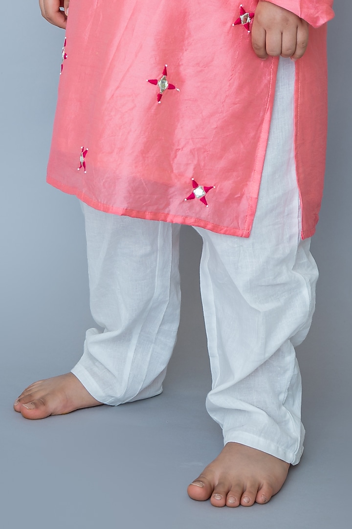 Coral Organic Cotton & Handwoven Chanderi Mirror Embroidered Kurta Set For Boys by Mi Dulce An'ya at Pernia's Pop Up Shop