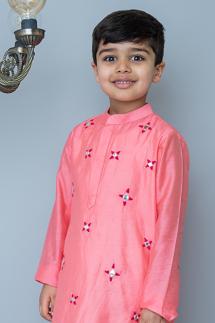 Coral Organic Cotton & Handwoven Chanderi Mirror Embroidered Kurta Set For Boys by Mi Dulce An'ya at Pernia's Pop Up Shop