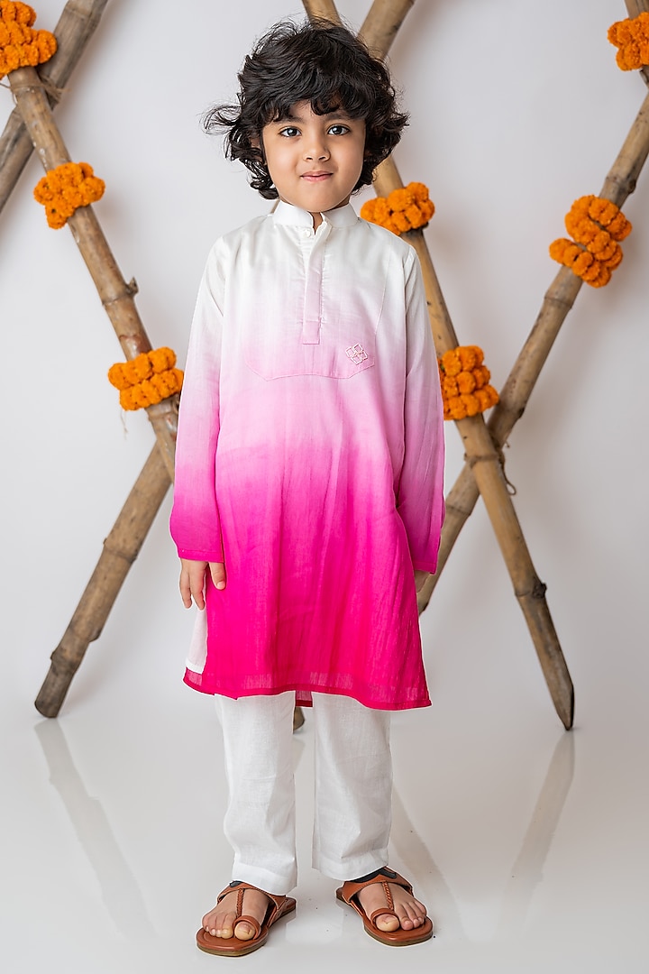 Fuchsia Organic Cotton & Handwoven Chanderi Mirror Embroidered Kurta Set For Boys by Mi Dulce An'ya