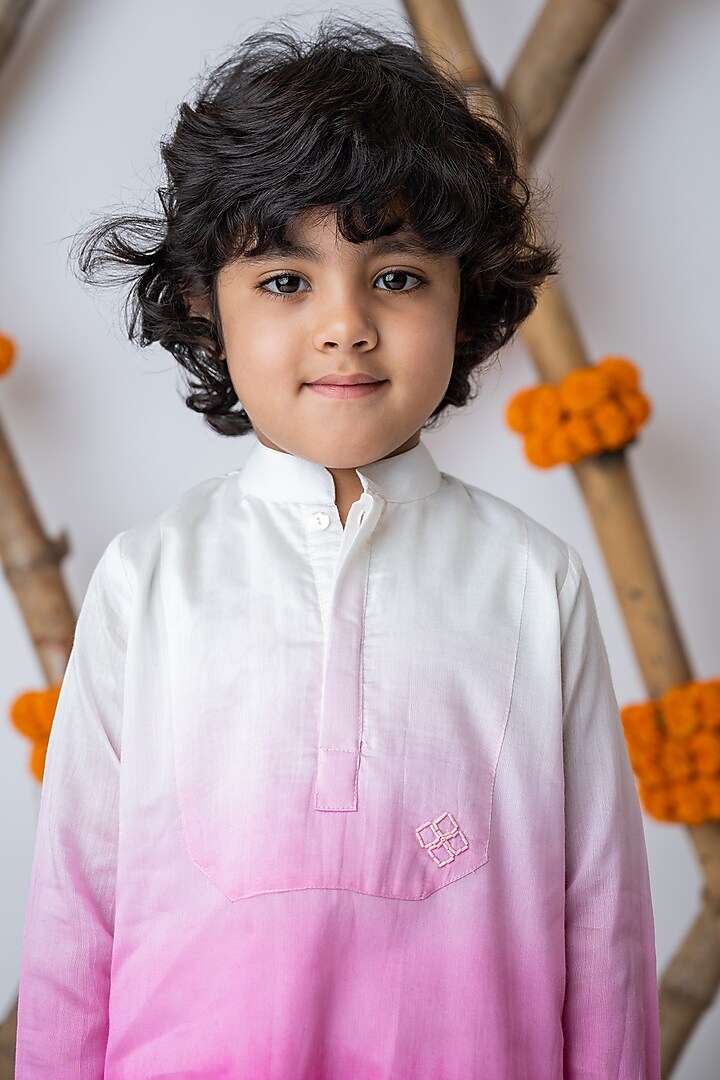 Fuchsia Organic Cotton & Handwoven Chanderi Mirror Embroidered Kurta Set For Boys by Mi Dulce An'ya at Pernia's Pop Up Shop
