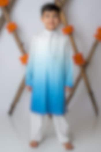 Cobalt Organic Cotton & Handwoven Chanderi Mirror Embroidered Kurta Set For Boys by Mi Dulce An'ya