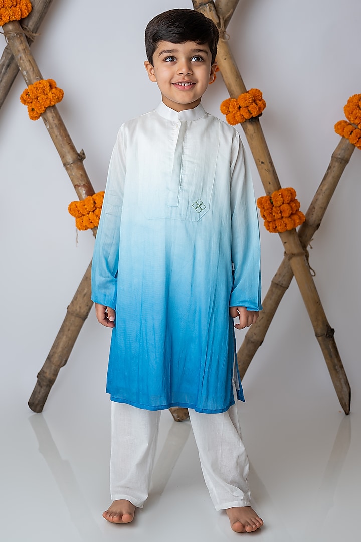 Cobalt Organic Cotton & Handwoven Chanderi Mirror Embroidered Kurta Set For Boys by Mi Dulce An'ya