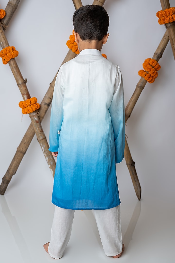 Cobalt Organic Cotton & Handwoven Chanderi Mirror Embroidered Kurta Set For Boys by Mi Dulce An'ya at Pernia's Pop Up Shop