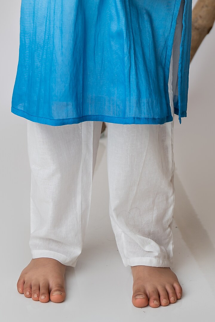 Cobalt Organic Cotton & Handwoven Chanderi Mirror Embroidered Kurta Set For Boys by Mi Dulce An'ya at Pernia's Pop Up Shop