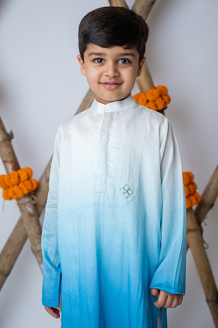 Cobalt Organic Cotton & Handwoven Chanderi Mirror Embroidered Kurta Set For Boys by Mi Dulce An'ya at Pernia's Pop Up Shop