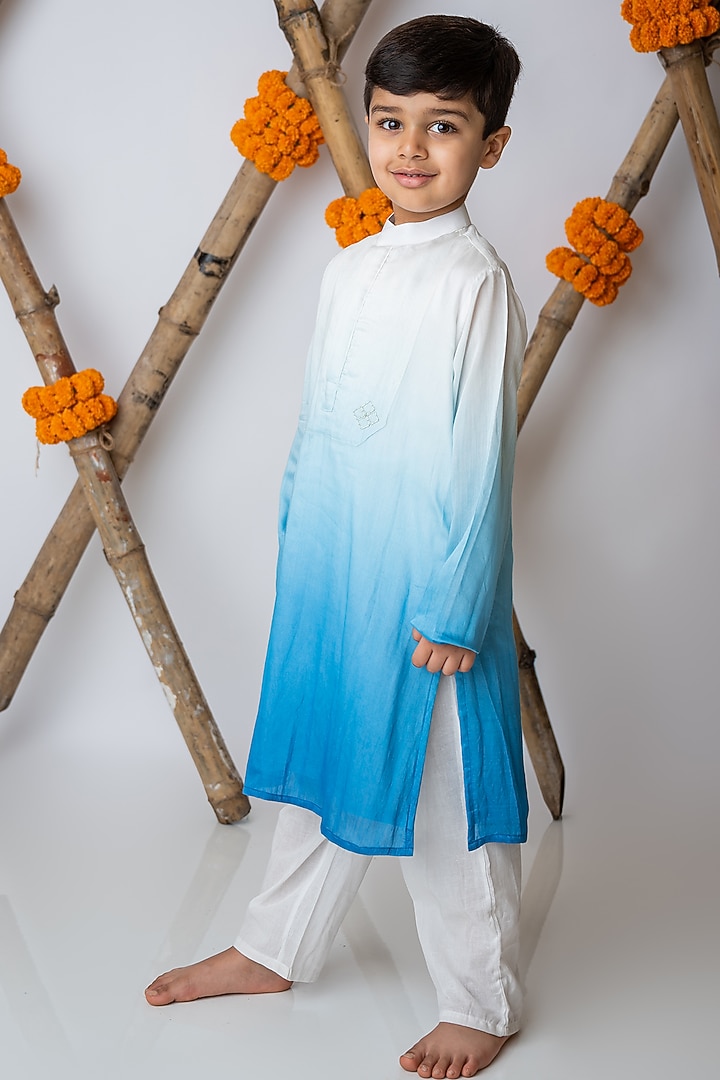 Cobalt Organic Cotton & Handwoven Chanderi Mirror Embroidered Kurta Set For Boys by Mi Dulce An'ya at Pernia's Pop Up Shop