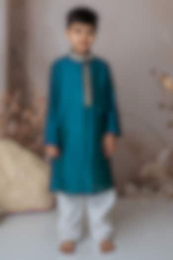 Teal Organic Cotton & Handwoven Chanderi Mirror Embroidered Kurta Set For Boys by Mi Dulce An'ya