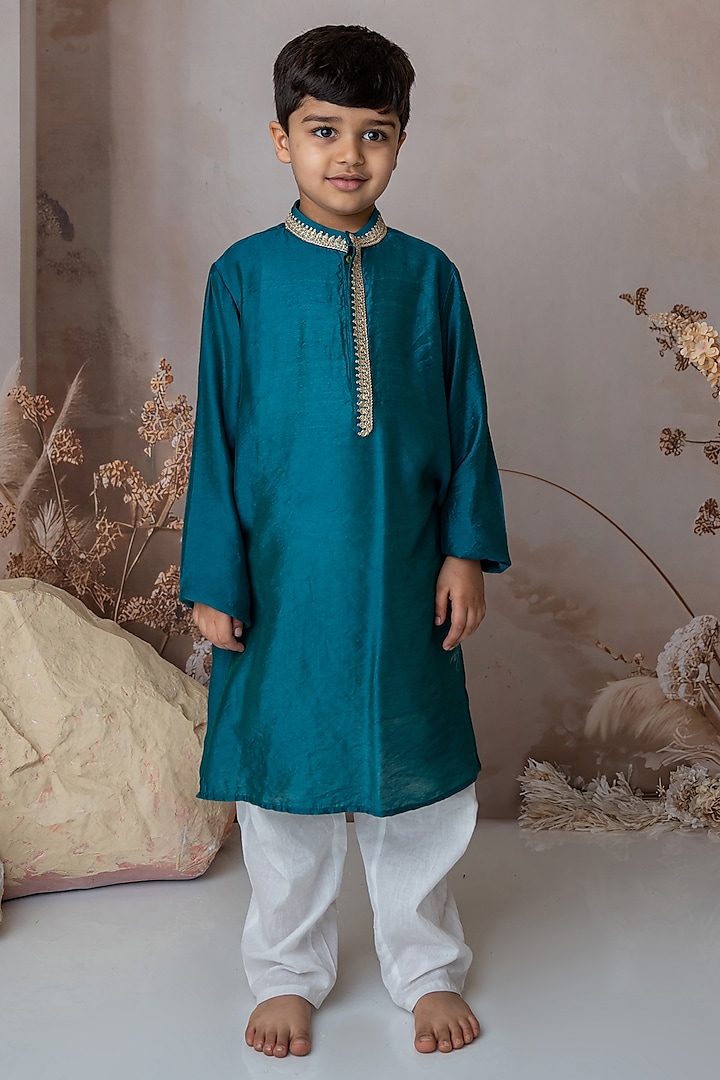 Teal Organic Cotton & Handwoven Chanderi Mirror Embroidered Kurta Set For Boys by Mi Dulce An'ya