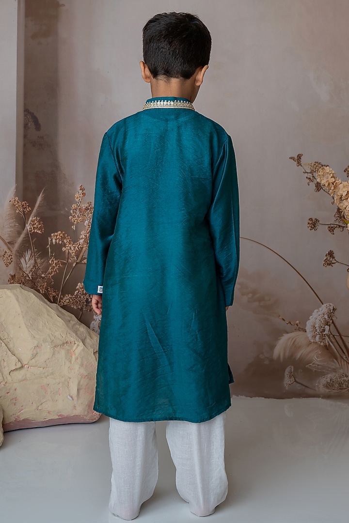 Teal Organic Cotton & Handwoven Chanderi Mirror Embroidered Kurta Set For Boys by Mi Dulce An'ya at Pernia's Pop Up Shop