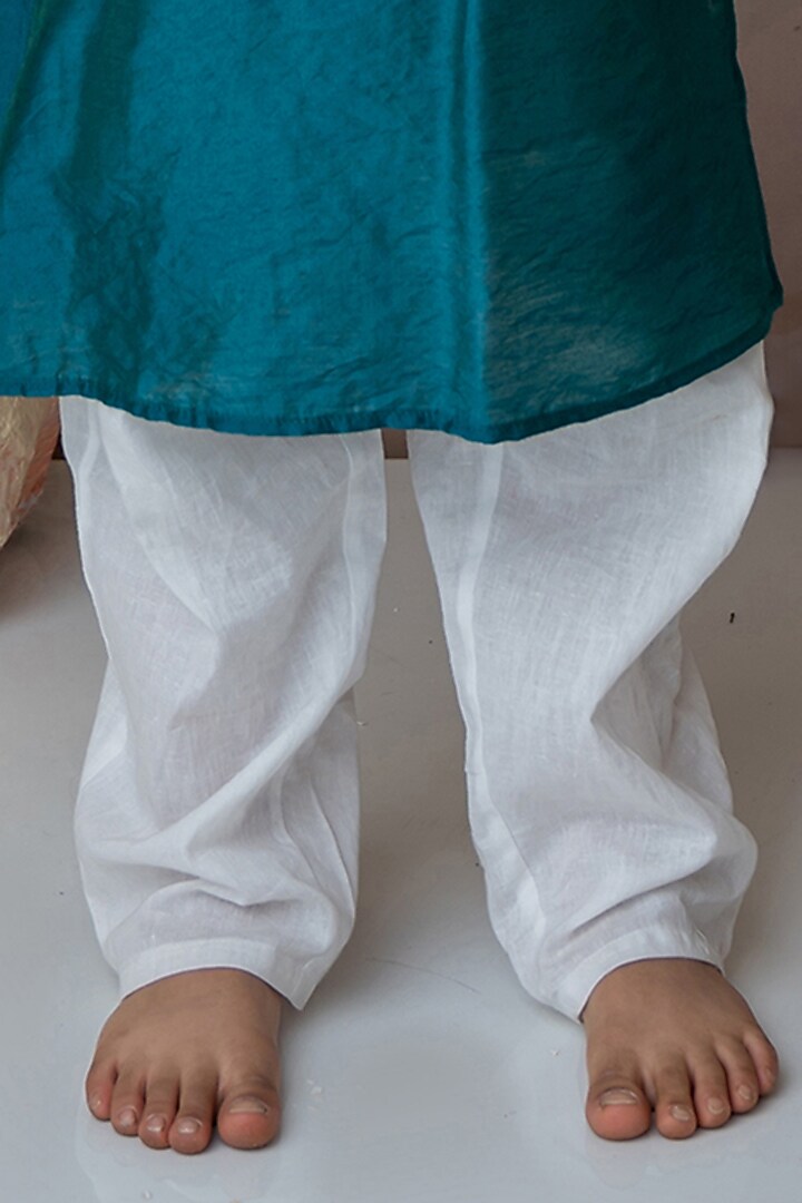 Teal Organic Cotton & Handwoven Chanderi Mirror Embroidered Kurta Set For Boys by Mi Dulce An'ya at Pernia's Pop Up Shop