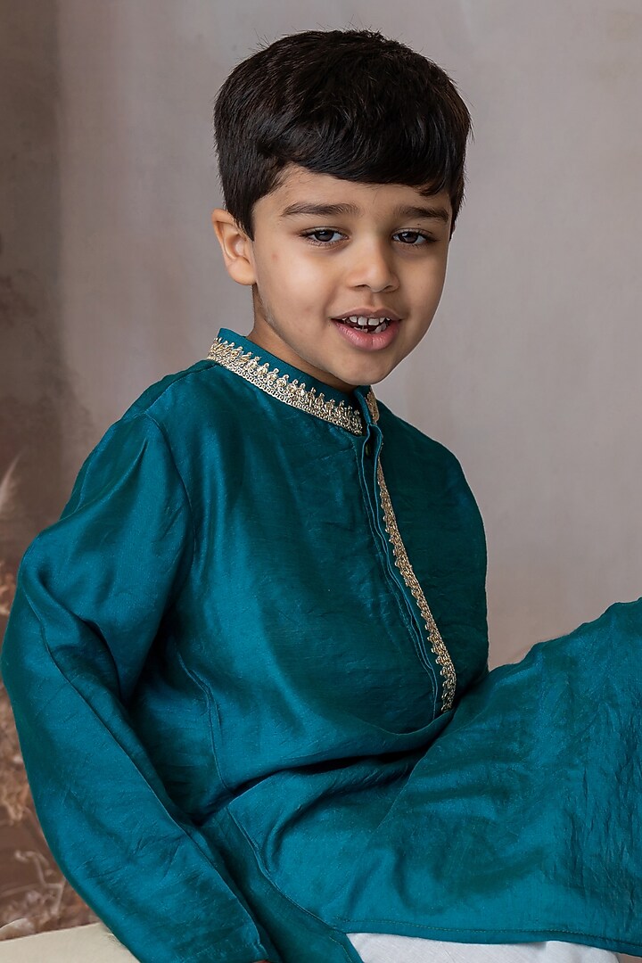 Teal Organic Cotton & Handwoven Chanderi Mirror Embroidered Kurta Set For Boys by Mi Dulce An'ya at Pernia's Pop Up Shop