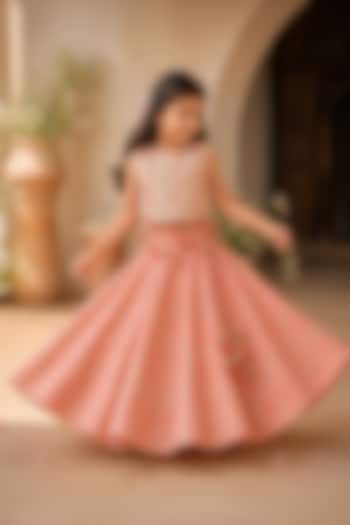 Pink Organic Cotton Thread Work & Screen Printed Lehenga Set For Girls by Mi Dulce An'ya at Pernia's Pop Up Shop