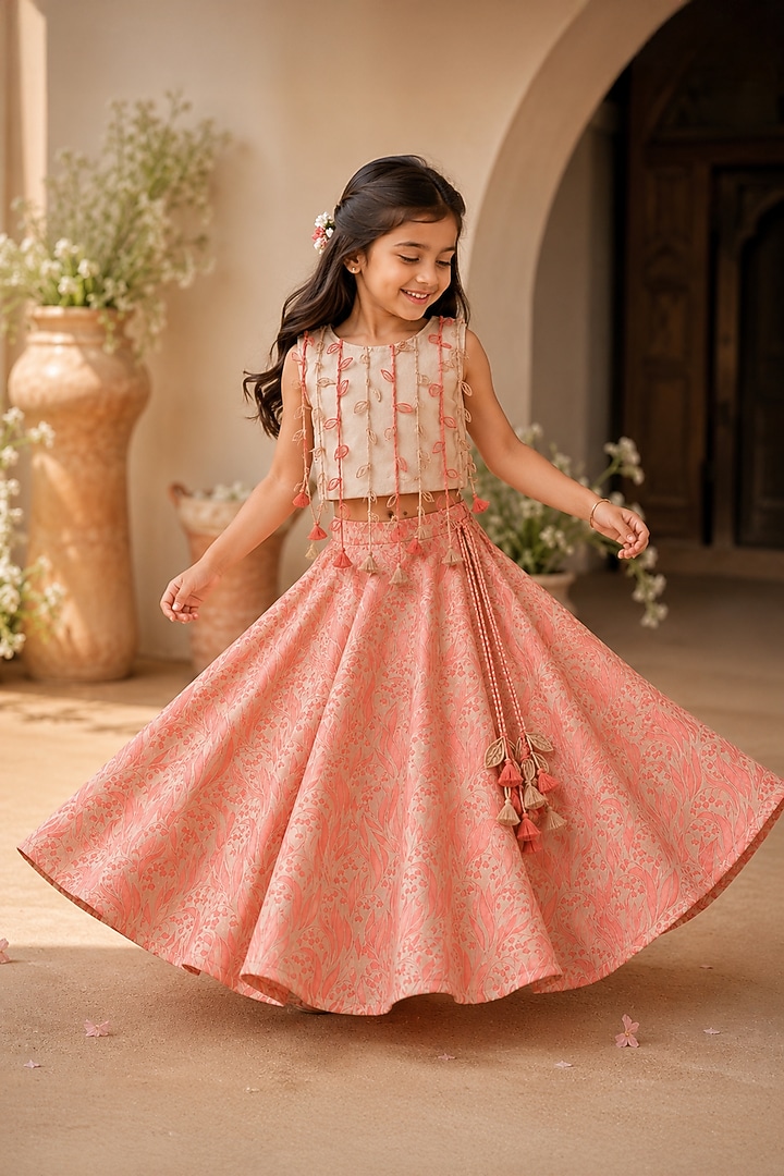 Pink Organic Cotton Thread Work & Screen Printed Lehenga Set For Girls by Mi Dulce An'ya at Pernia's Pop Up Shop