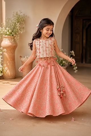 Pink Organic Cotton Thread Work & Screen Printed Lehenga Set For Girls by Mi Dulce An'ya