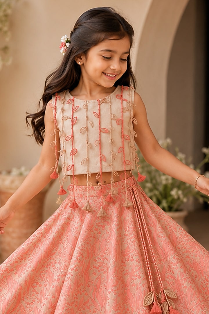 Pink Organic Cotton Thread Work & Screen Printed Lehenga Set For Girls by Mi Dulce An'ya at Pernia's Pop Up Shop