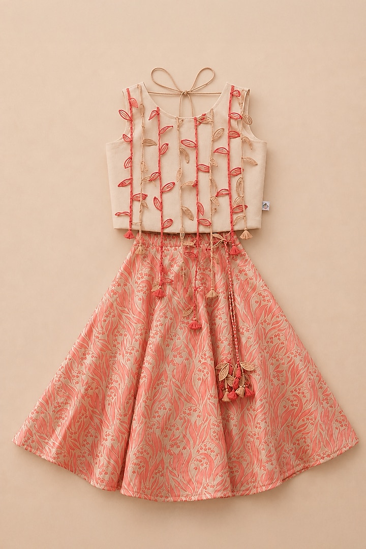 Pink Organic Cotton Thread Work & Screen Printed Lehenga Set For Girls by Mi Dulce An'ya at Pernia's Pop Up Shop