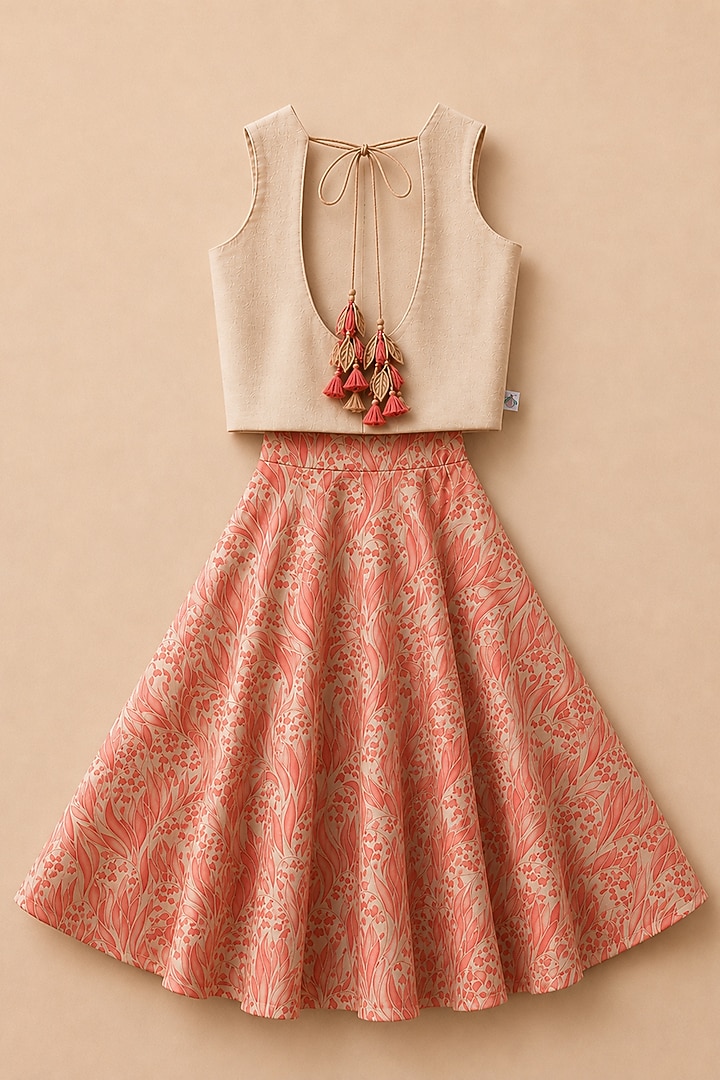 Pink Organic Cotton Thread Work & Screen Printed Lehenga Set For Girls by Mi Dulce An'ya at Pernia's Pop Up Shop